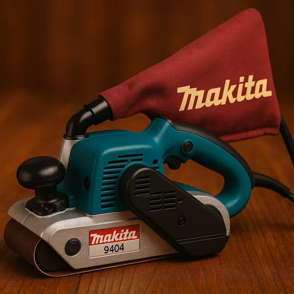 Makita 9404 probada en tableros y suelos, banda 100 mm