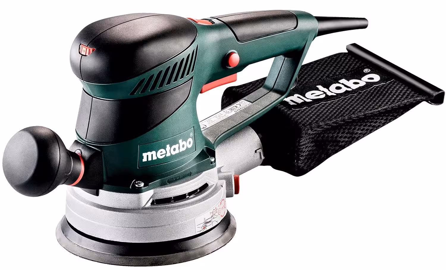 Metabo SXE 450 TurboTec con selector de órbita 2,8/6,2 mm y conexión a aspirador