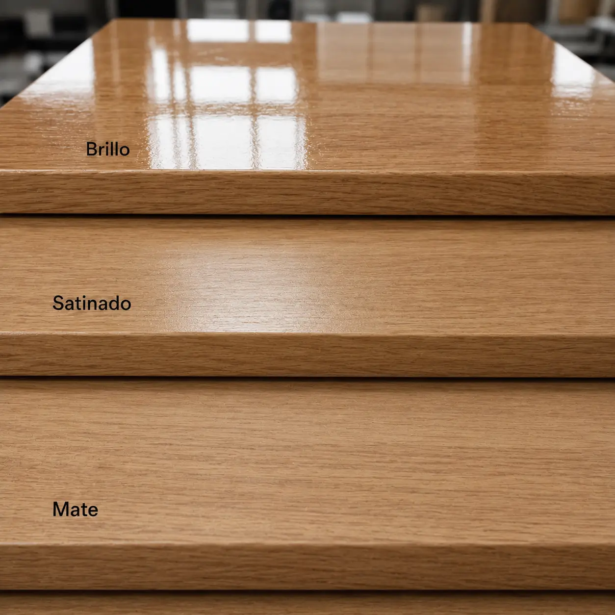 Muestras de madera con acabado brillante, satinado y mate