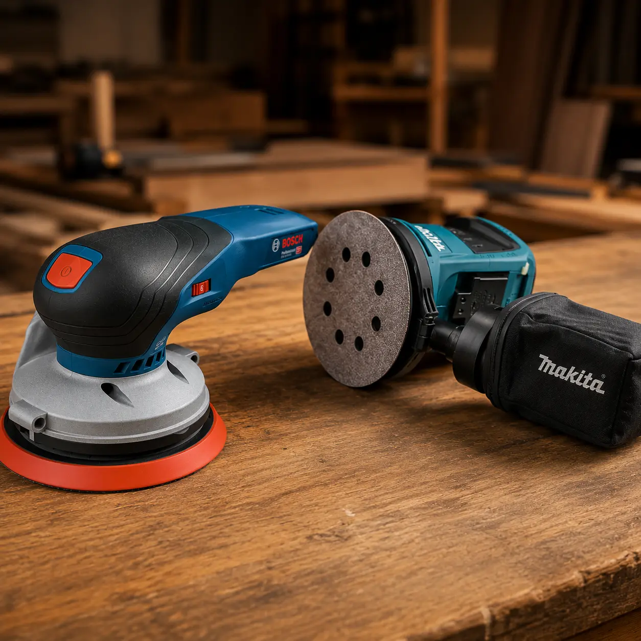 Comparativa Bosch GEX 18V-125 vs Makita DBO180Z: lijadoras exc&eacute;ntricas a bater&iacute;a 18V y &Oslash;125 mm