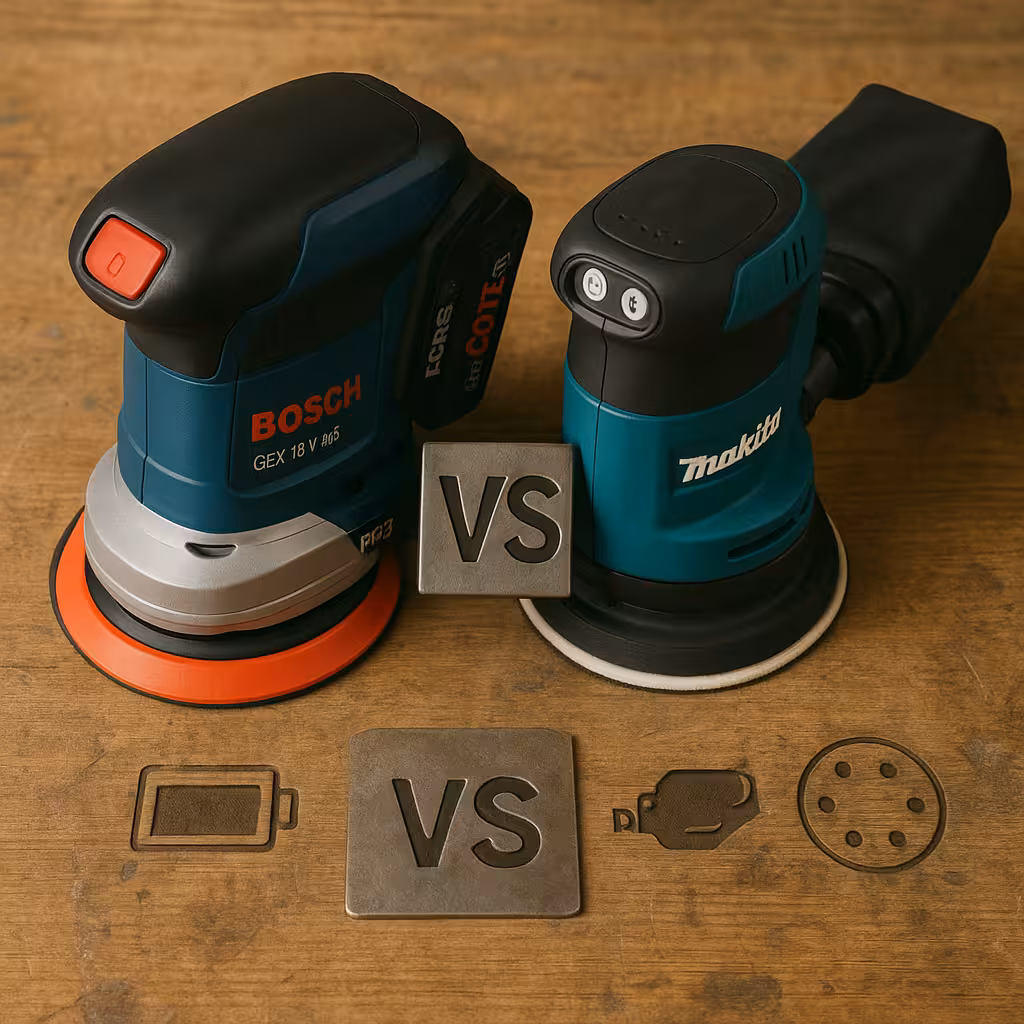 Bosch GEX 18V-125 vista lateral con caja microfiltro conectada y batería AMPShare 18V