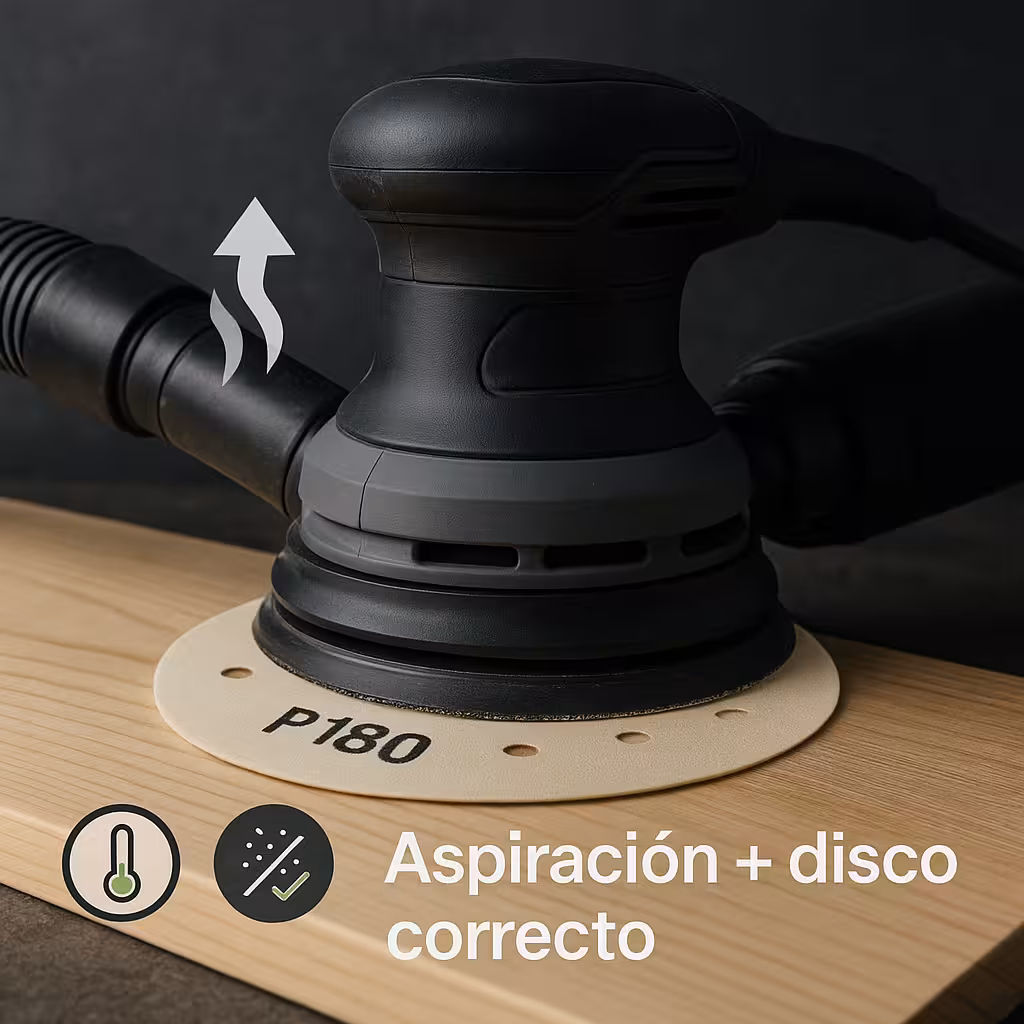 Lijado limpio en tablero con lijadora Ø125, manguera de aspiración y disco multihole