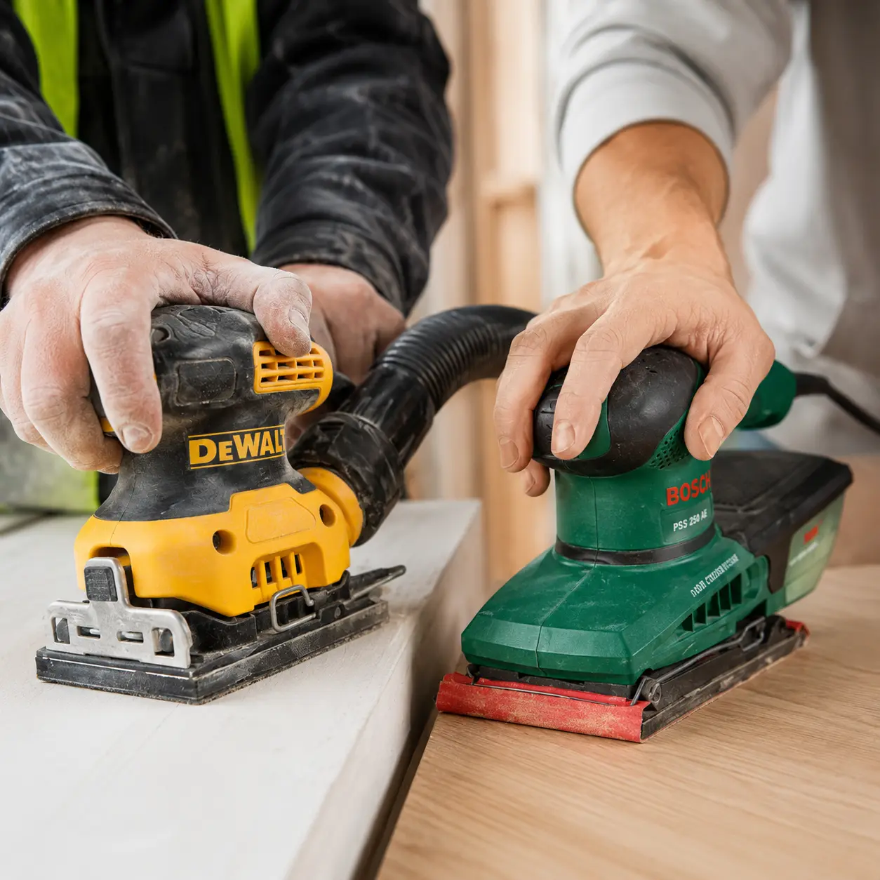 DeWalt DWE6411-QS (lijadora orbital 1/4 de hoja) para comparar con Bosch PSS 200 AC (1/3 de hoja).