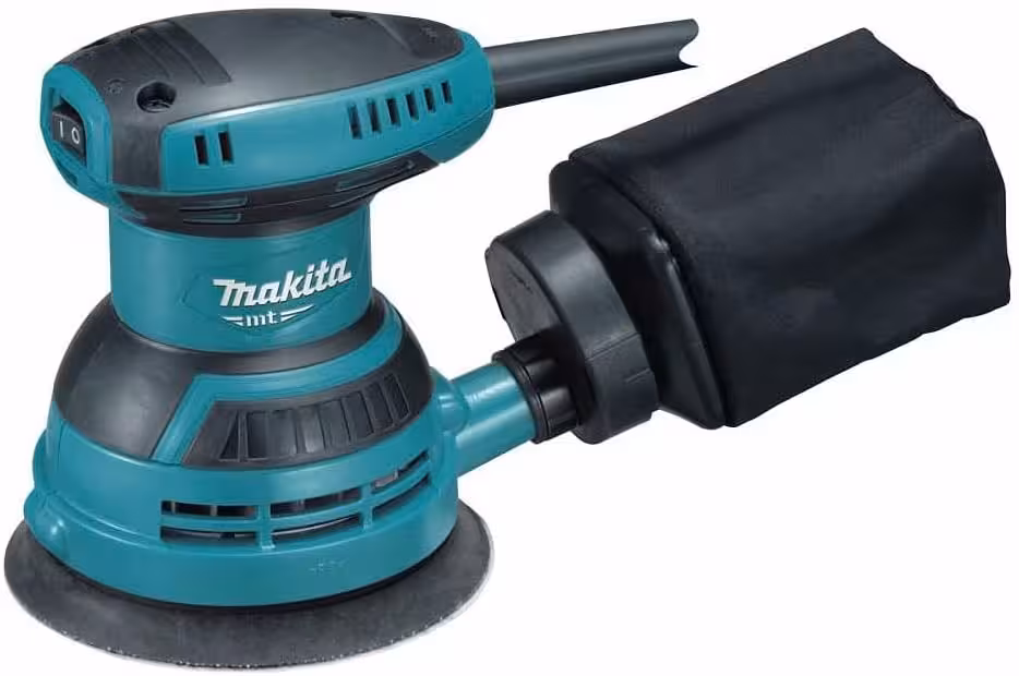 Makita M9204B (MT Series): rotorbital Ø125 mm de velocidad fija (ON/OFF) con bolsa y conexión a aspirador.