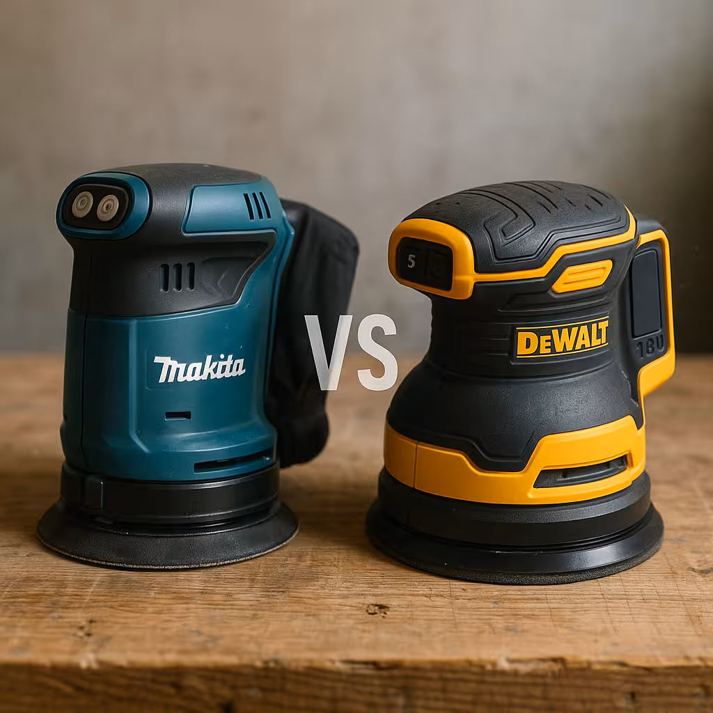 Vista frontal de las lijadoras Makita DBO180Z y DeWalt DCW210N Ø125 con salida de polvo y batería 18V