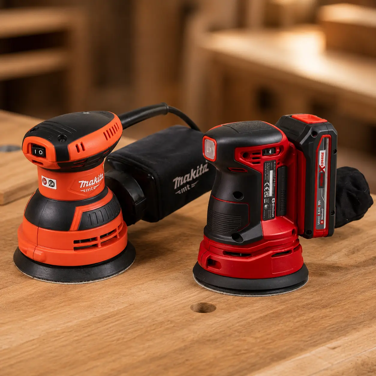 Comparativa &Oslash;125 mm: Makita M9204 (cable) vs Einhell TE-RS 18 Li (18V), dos lijadoras exc&eacute;ntricas para madera y acabado.