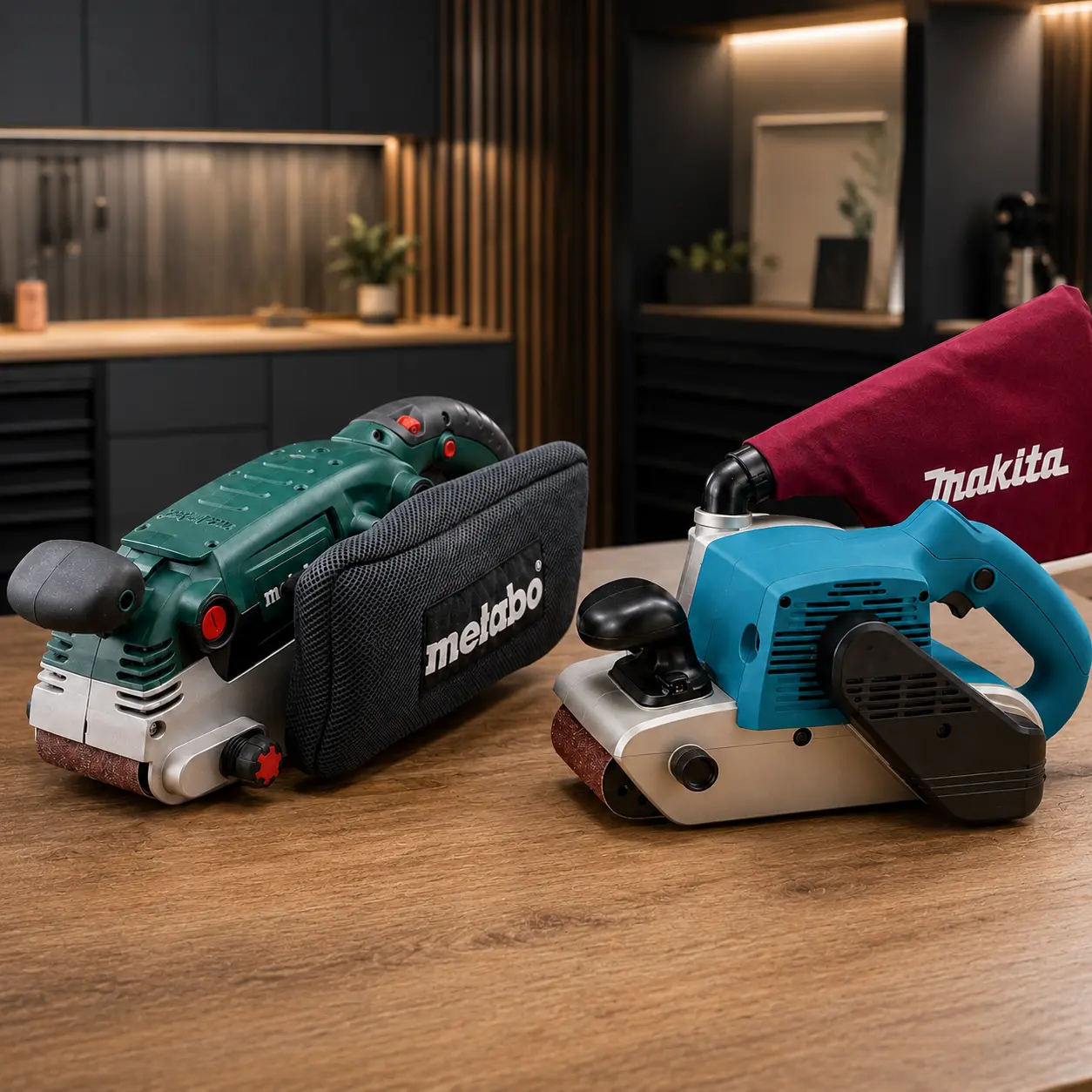 Comparativa de lijadoras de banda: Metabo BAE 75 (75&times;533) vs Makita 9404 (100&times;610) para tableros y cantos
