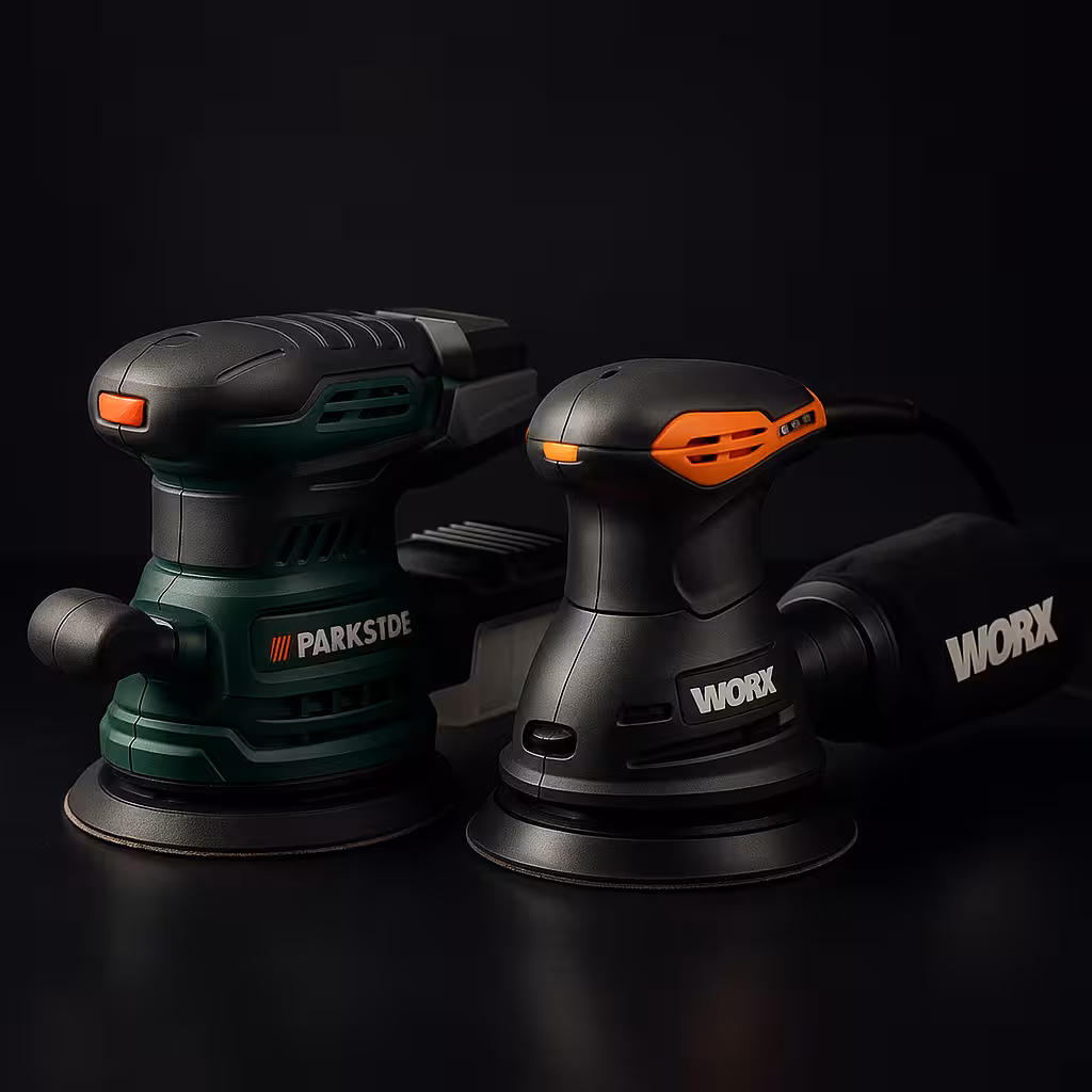 Vista frontal de ambas lijadoras Ø125 mm: Parkside PAEXS 20-Li B2 sin cable y Worx WX652.1 con cable, con salidas de aspiración