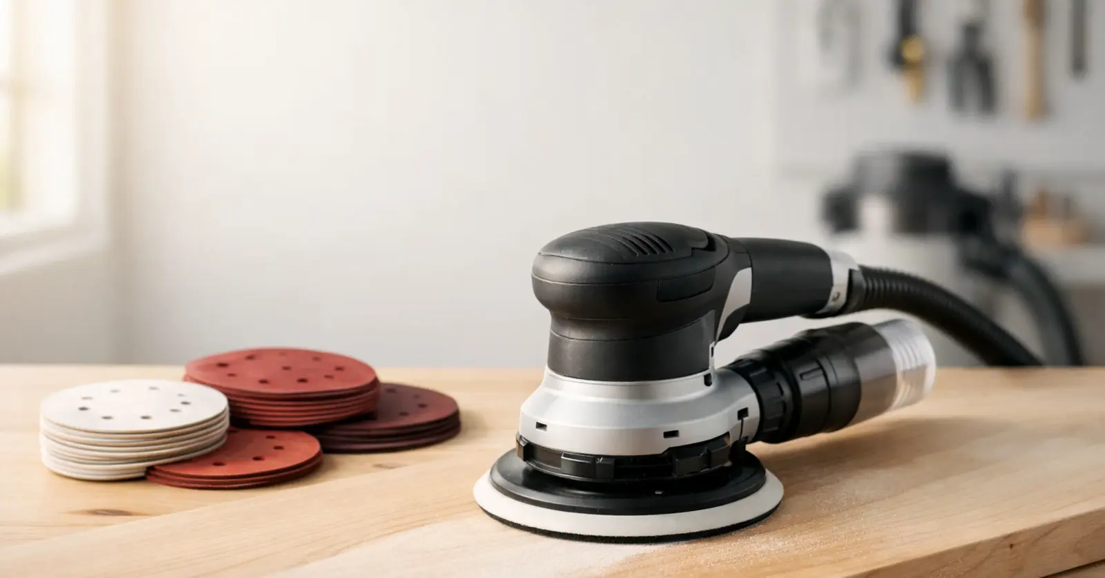 Lijadora excéntrica profesional sobre tabla de madera clara parcialmente lijada, en banco de trabajo limpio y luminoso.