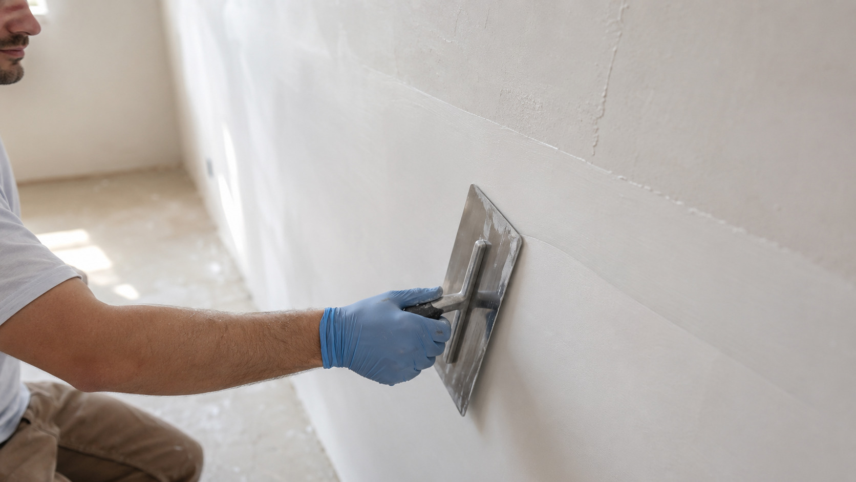 Revisión con luz rasante de una pared imprimada antes de pintar