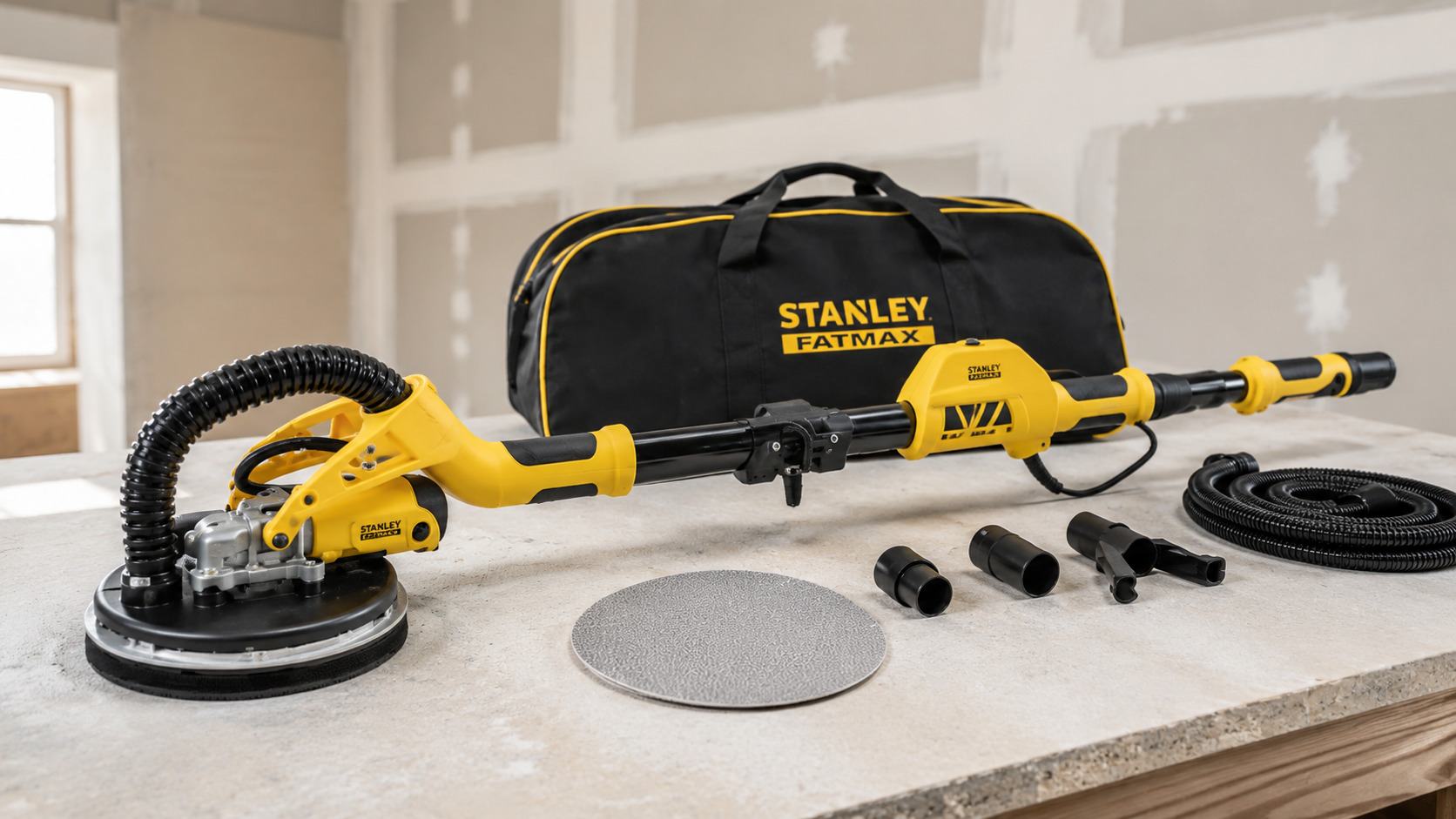 Lijadora de pared Stanley FatMax con accesorios en taller