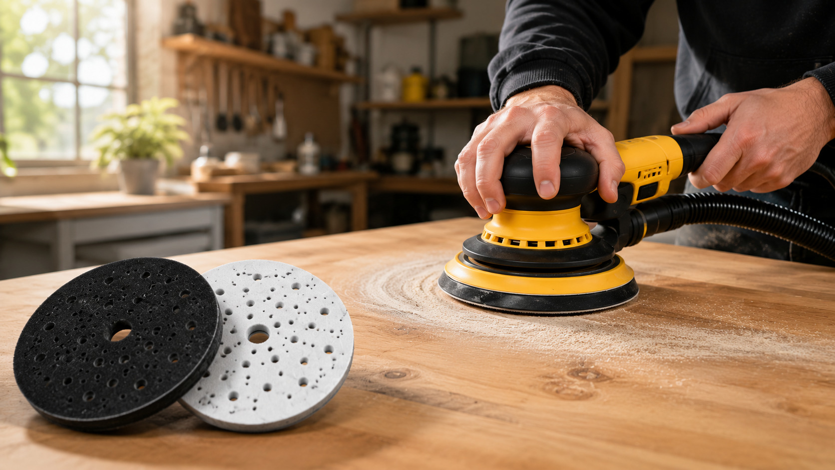 Lijadora excéntrica lijando madera con el plato apoyado sobre la superficie