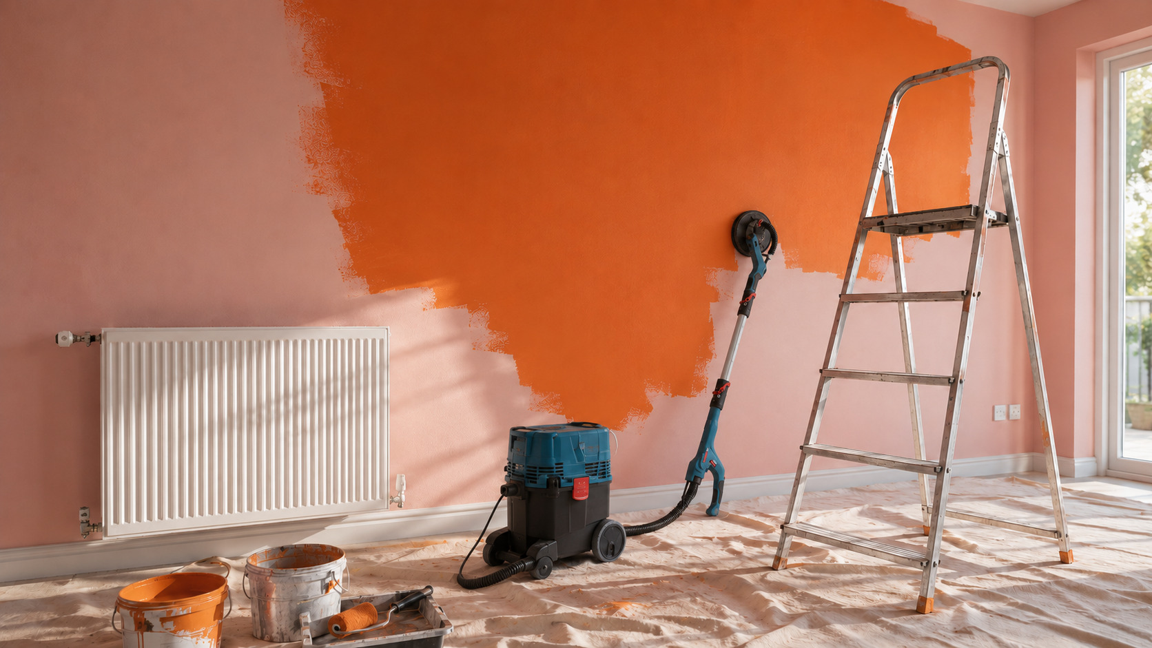 Lijadora de pared conectada a un aspirador durante la renovación de una habitación