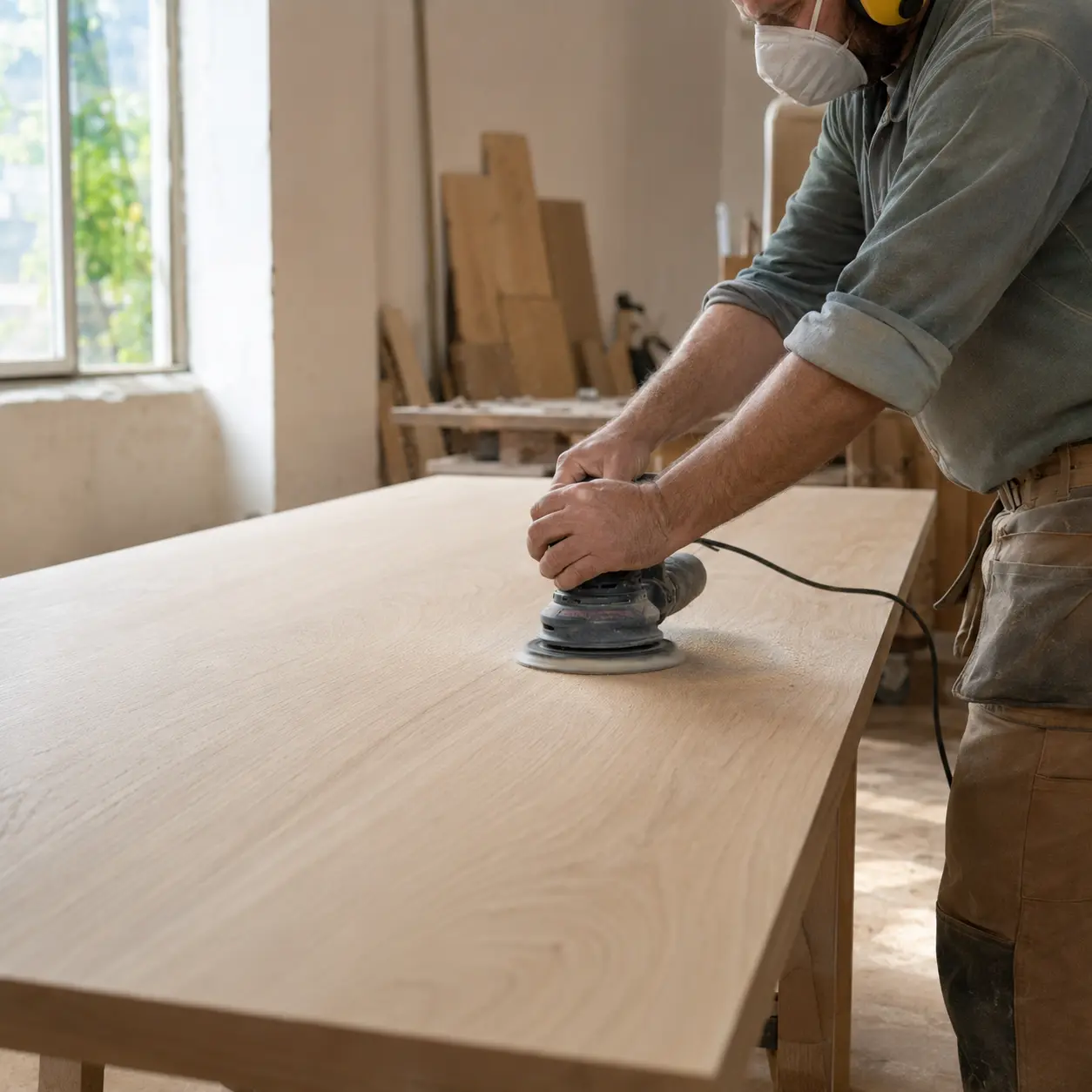 Lijado fino de una superficie de madera teñida y barnizada