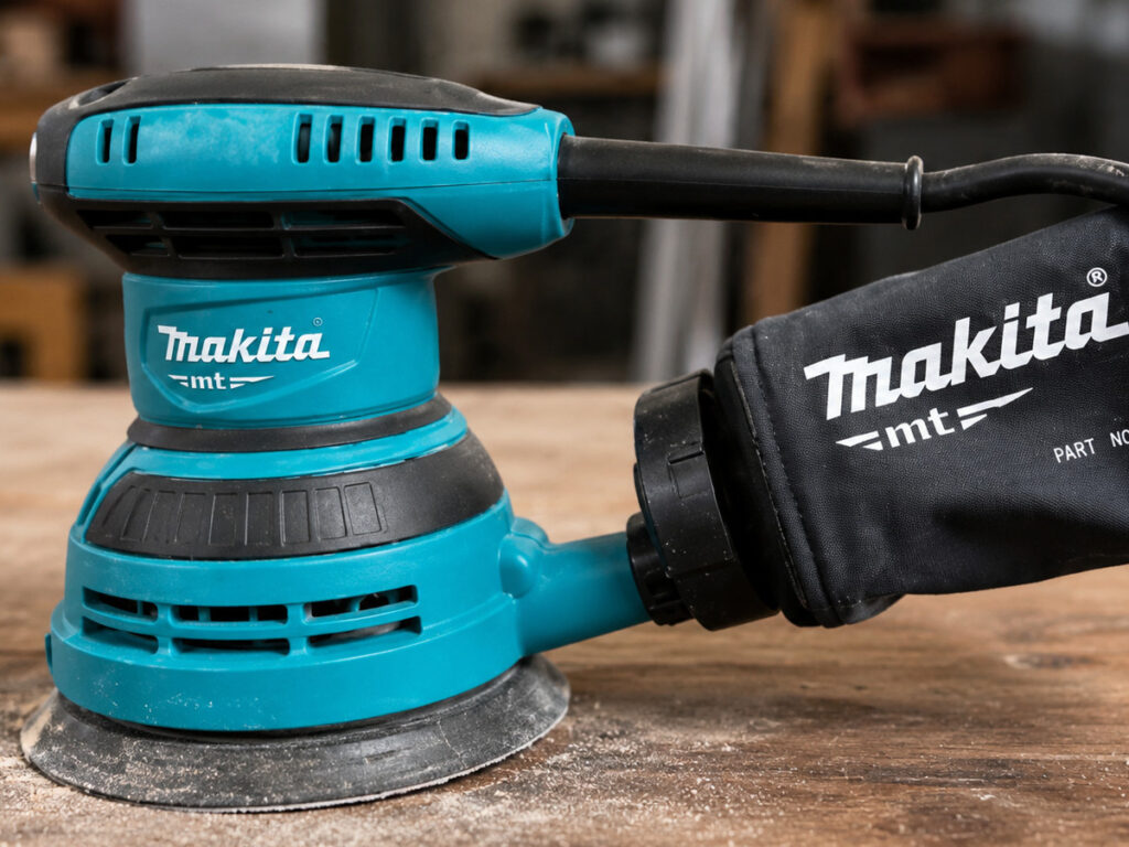 Lijadora excéntrica Makita M9204B con bolsa recogepolvo sobre banco de madera
