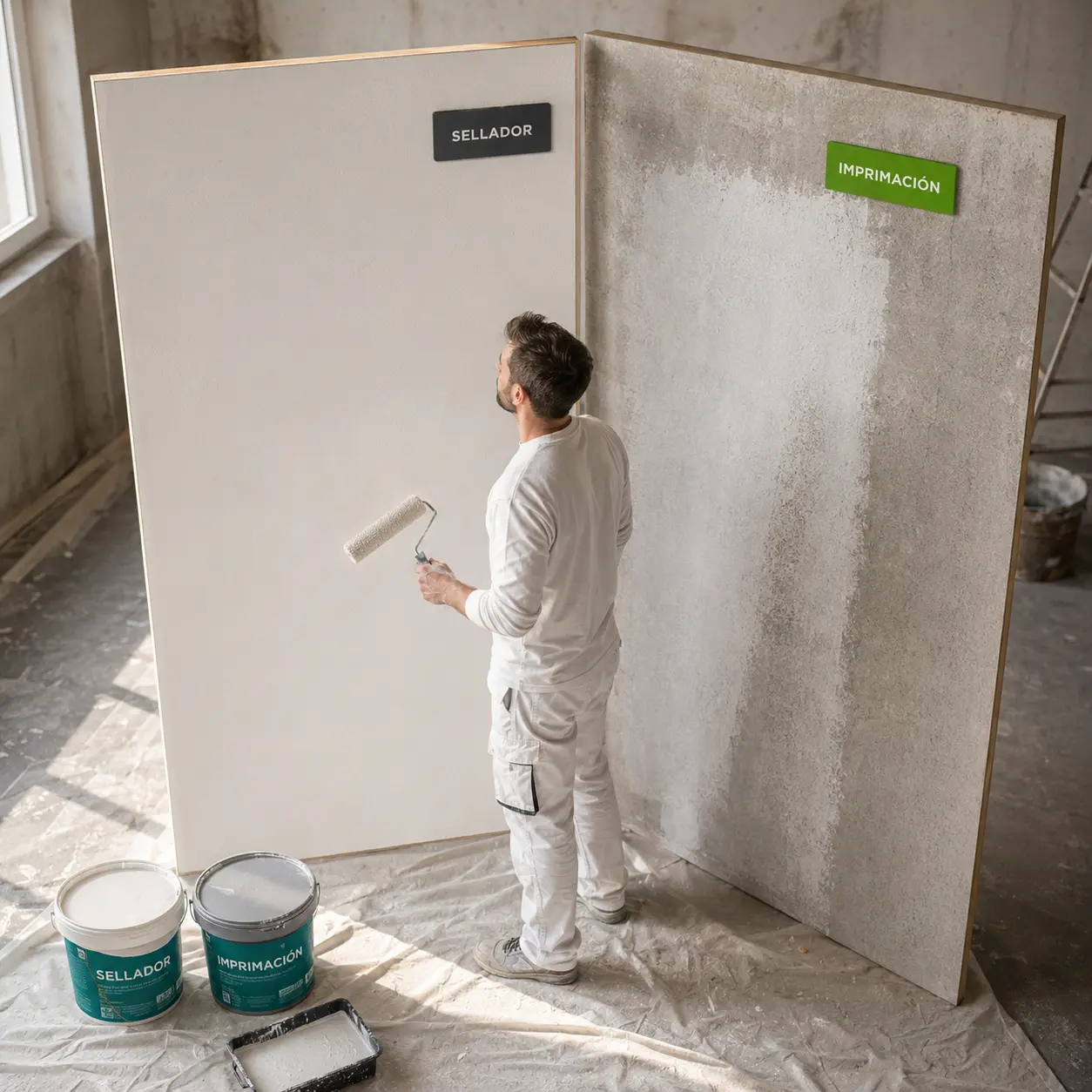 Aplicación de sellador e imprimación sobre una pared antes de pintar