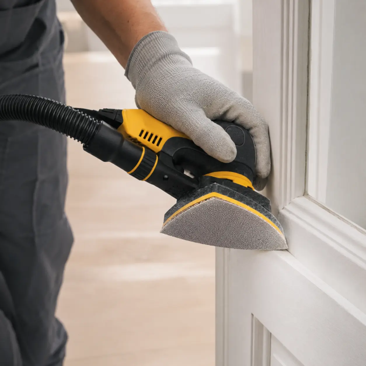 Lijado cuidadoso de una moldura de madera con relieve