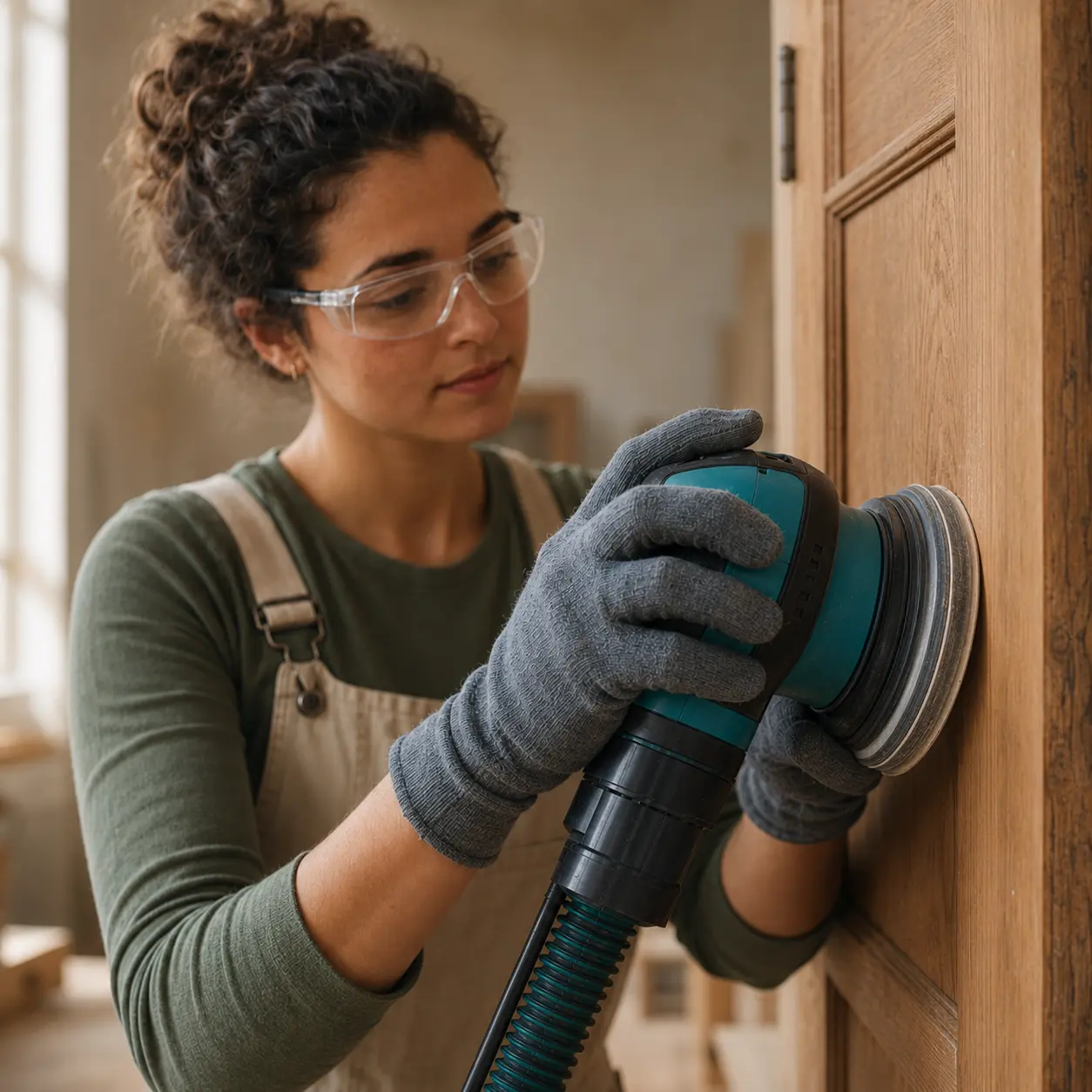 Lijado de una puerta de madera colocada sobre una superficie de trabajo